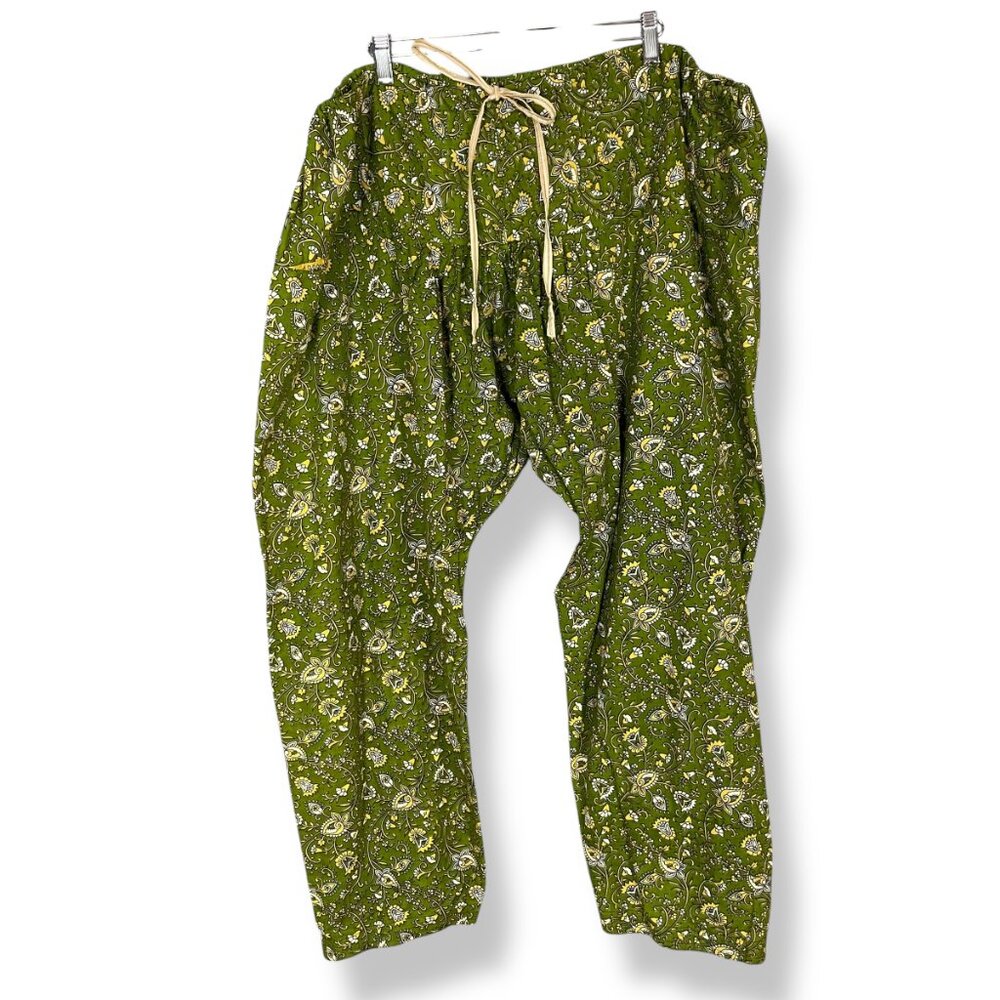 Salwar Pants Floral Green Yellow Drawstring Indian Trousers Tapered Relaxed‎ Fit